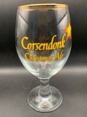 Pre Owned Corsendonk Christmas Ale Stemmed Beer Glass Gold Trim Rim